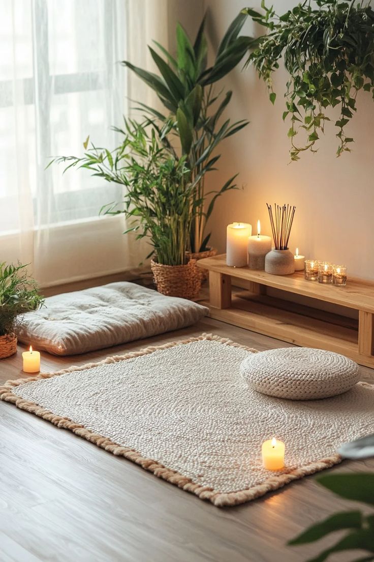 Pojok tenang dengan alas duduk empuk, lilin aromaterapi, dan tanaman hijau di dekat jendela — desain minimalis bernuansa natural untuk menciptakan suasana cozy dan rileks di rumah kecil.