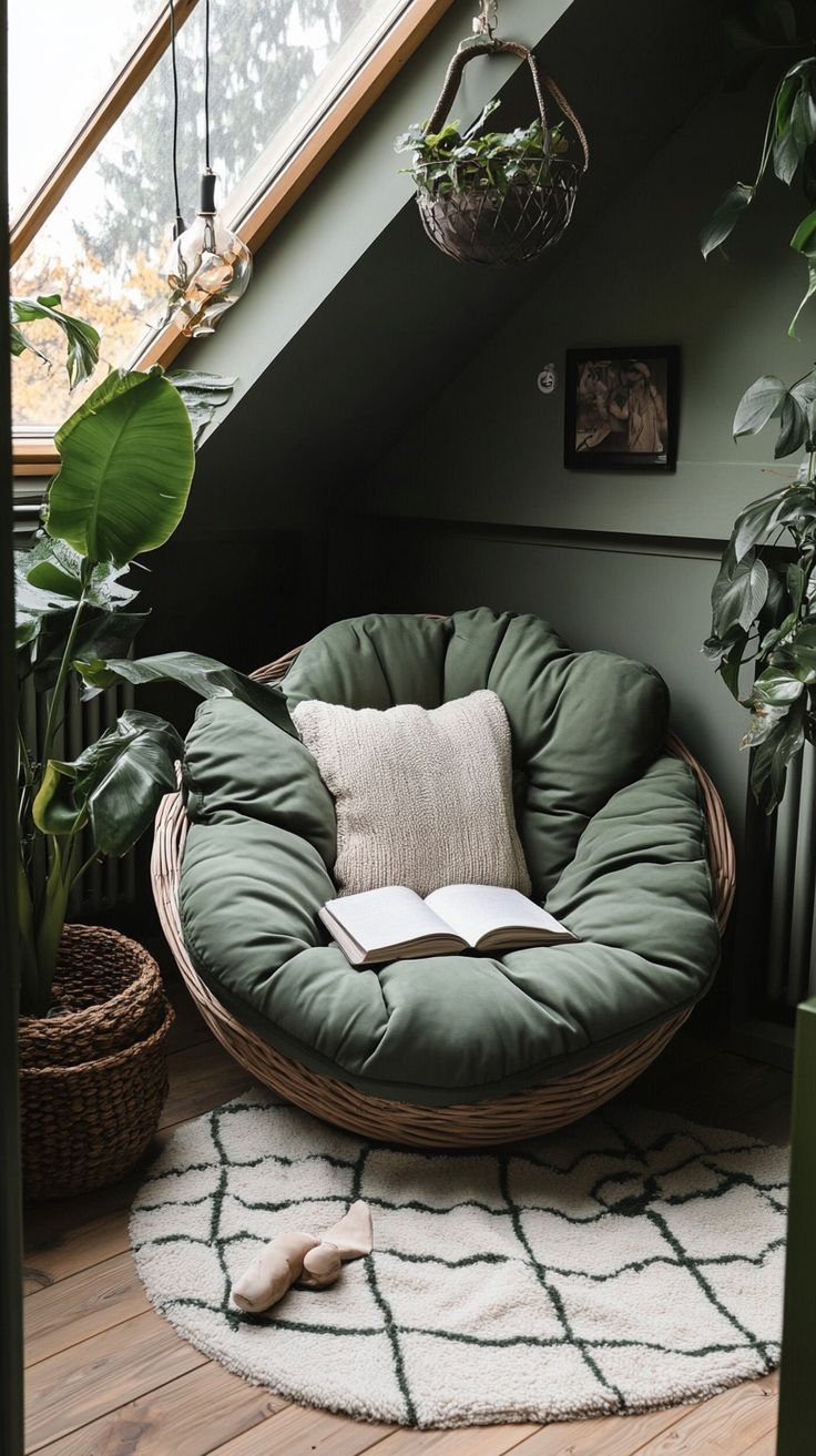 Kursi rotan dengan bantal hijau dan buku terbuka di pojok ruangan bernuansa hijau, dikelilingi tanaman hias dan jendela miring yang memberi cahaya alami — menciptakan suasana cozy untuk membaca atau relaksasi.