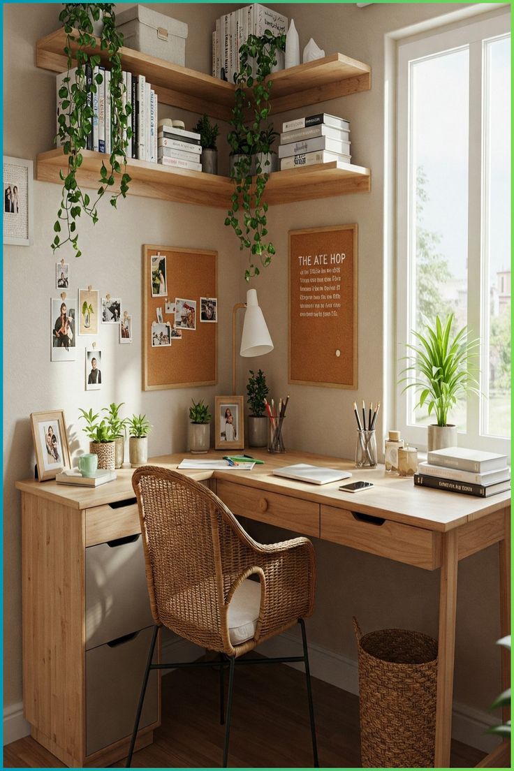 Ruang kerja minimalis dengan meja kayu, kursi rotan, rak dinding berisi buku dan tanaman hias, serta cahaya alami dari jendela — menciptakan suasana hangat dan produktif di rumah.