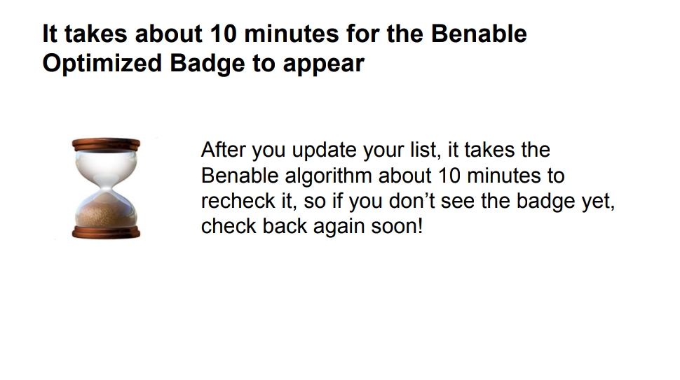 Pernyataan Benable bahwa Optimized Badge bisa muncul dalam waktu 10 menit setelah kreator mengupdate list