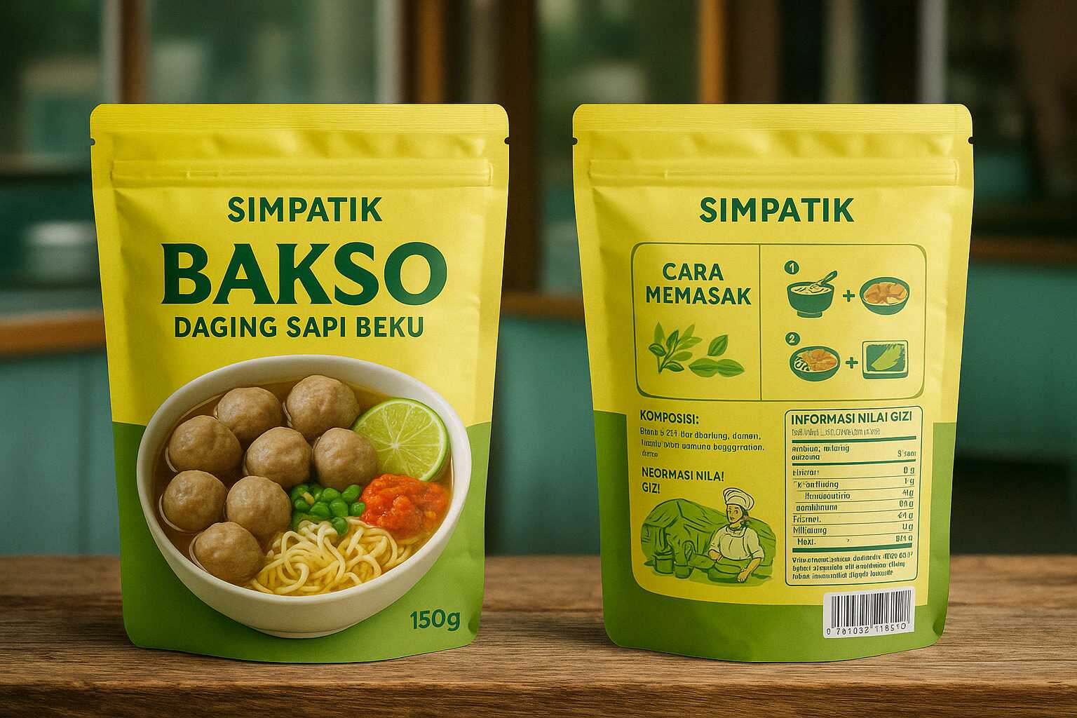 Dua sisi kemasan pouch bakso Simpatik dengan fitur Ziplock. Desain cetak optimal untuk informasi dan pemasaran.