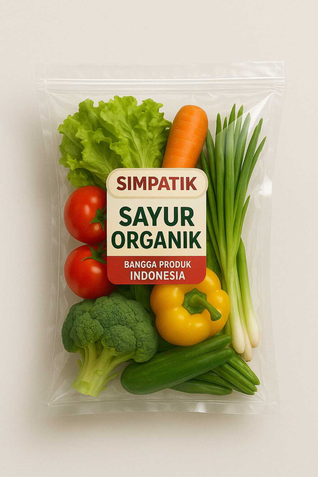 Kemasan plastik Simpatik Sayur Organik dengan label cetak sederhana dan efisien.