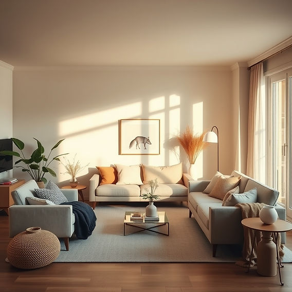 Ruang tamu bergaya warm minimalism dengan sofa krem, aksen kayu, tanaman hijau, dan pencahayaan alami dari jendela besar.